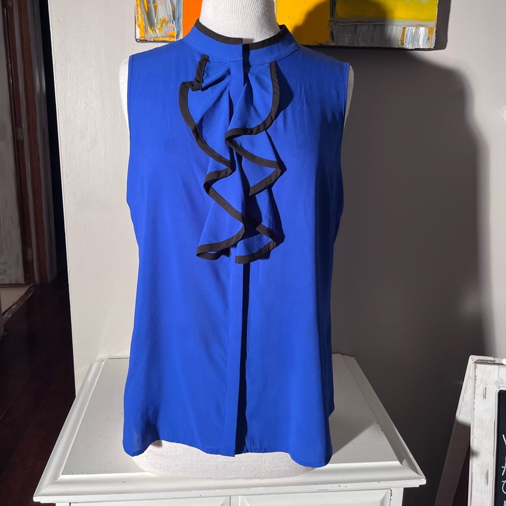 Calvin Klein Blue/Black Ruffle Sleeveless Blouse Top Womens Large Worn 5x
